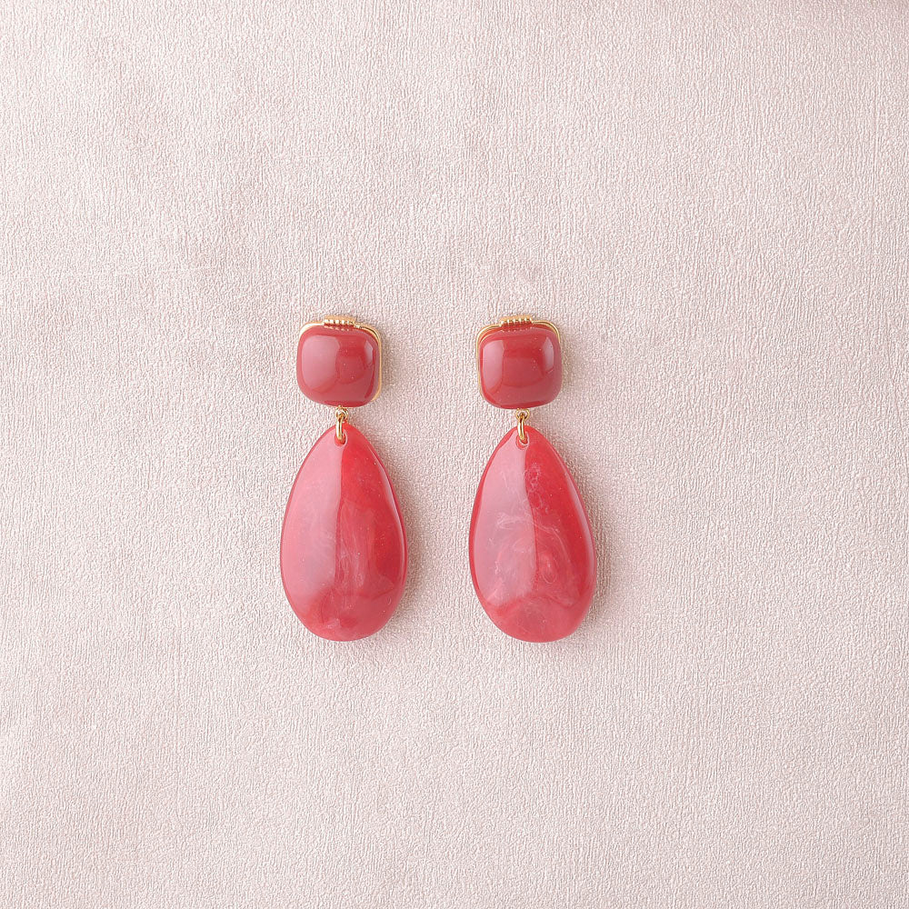 Boucles pendantes - 2 pièces en résine, carré et goutte – Doré / Rouge