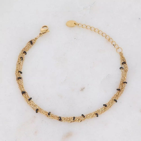 Bracelet Frédérique – chaîne tressée dorée et perles noires