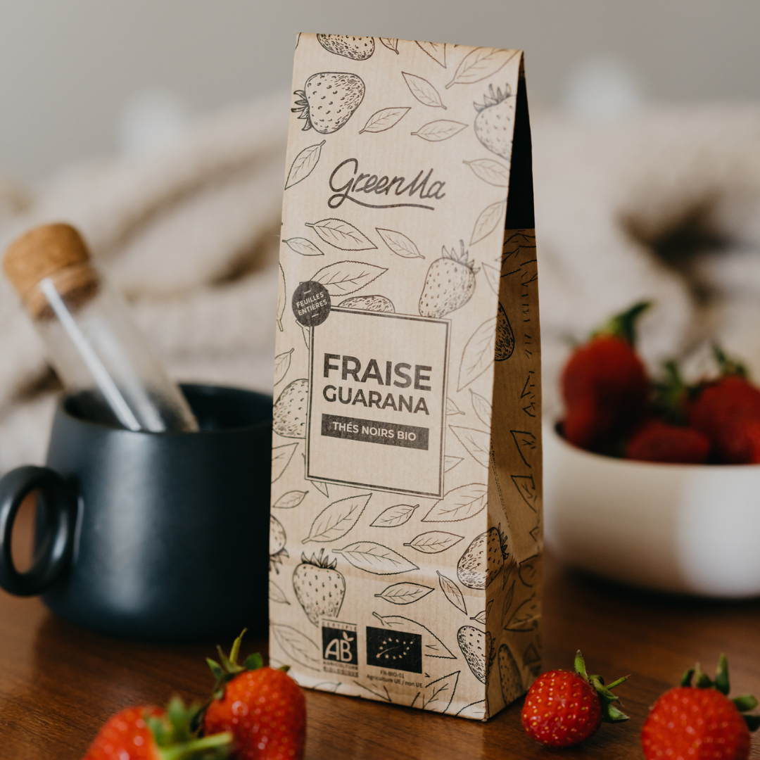 Thé noir bio - FRAISE GUARANA - Bocal en verre