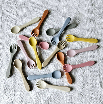 Cuillère et fourchette en silicone - Beige