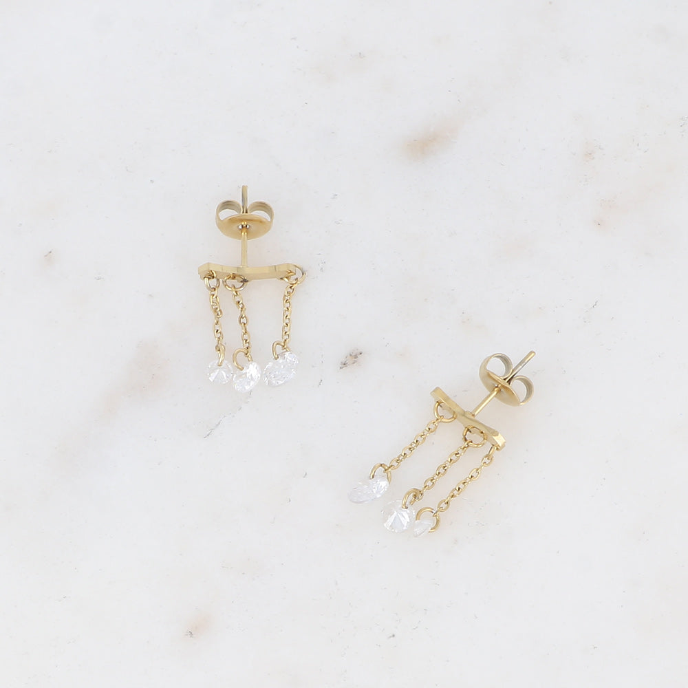 Boucles puces - 3 cristaux pendants et chaînes – Doré / Blanc