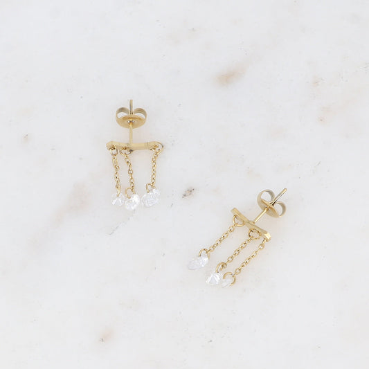Boucles puces - 3 cristaux pendants et chaînes – Doré / Blanc