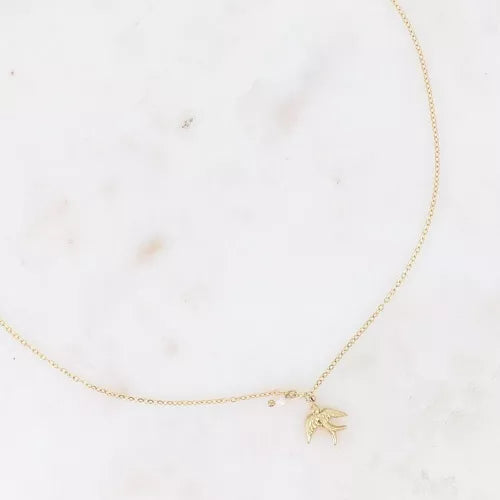 Collier - envol d'un oiseau et perle d'eau douce (Doré)