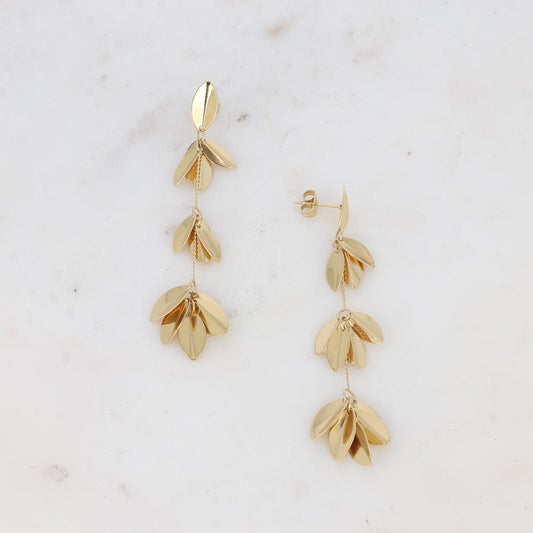 Boucles pendantes Cataleya - feuillages et chaînes – Doré