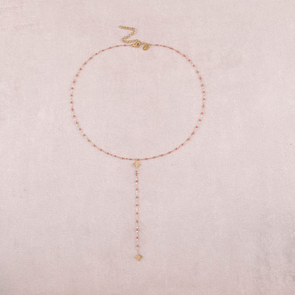 Collier Y - chaîne émaillée et deux étoiles du Nord – Doré / Brique