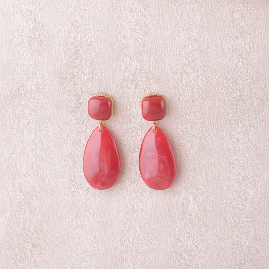 Boucles pendantes - 2 pièces en résine, carré et goutte – Doré / Rouge