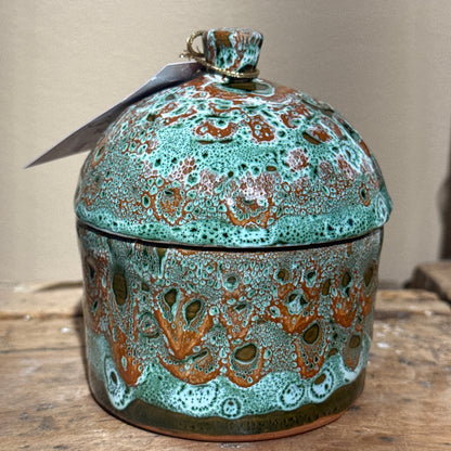 Pot en céramique avec couvercle – Émail texturé vert et rose