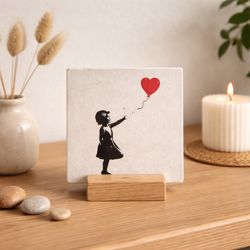 Petite fille au ballon - carreau en pierre naturelle