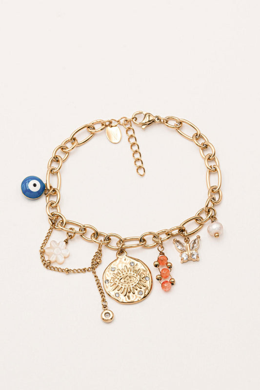 Bracelet breloques oeil, fleur, papillon