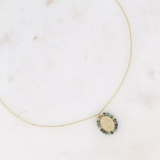Collier - médaillon Madone et turquoise africaine