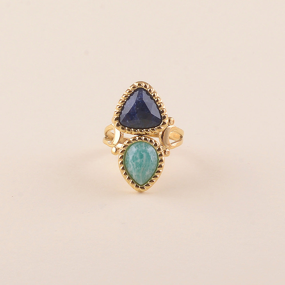 Bague - 2 pierres naturelles, goutte et triangle – Doré / Sodalite
