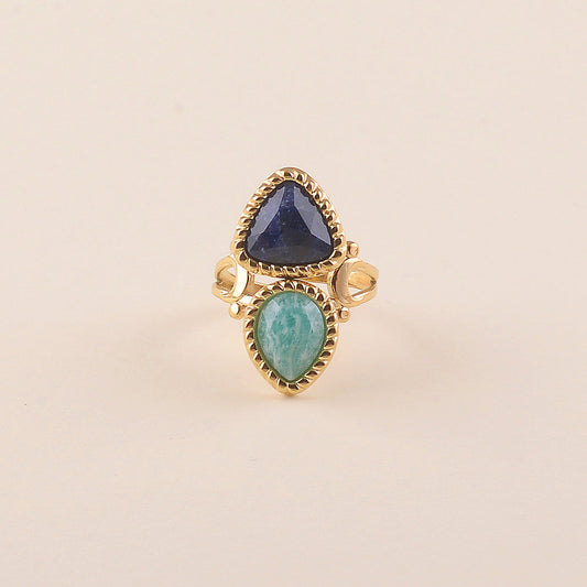 Bague - 2 pierres naturelles, goutte et triangle – Doré / Sodalite