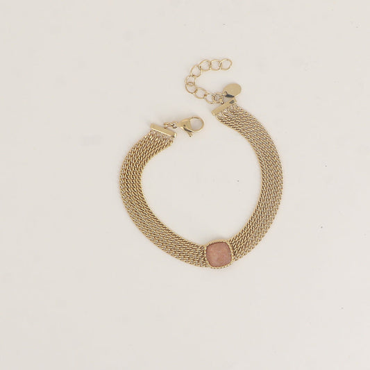Bracelet - 4 chaînes et une pierre naturelle carrée – Doré / Quartz Fraise