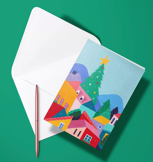 Carte pliée – Village de Noël fleuri