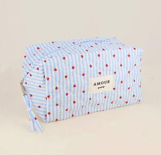Grande trousse AMOUR - Bleu rayé / Coeur rouge