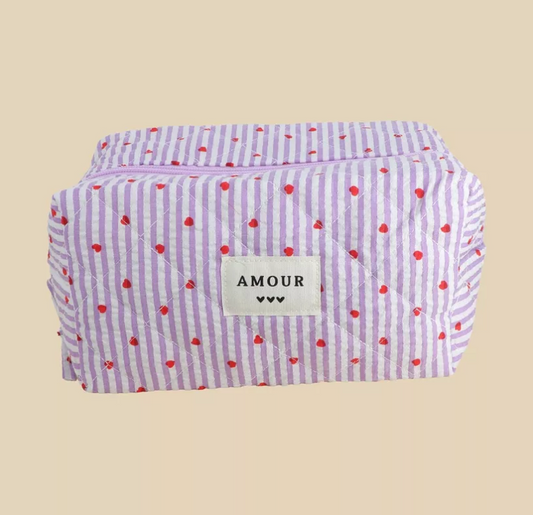 Grande trousse AMOUR - Rayures violettes / Coeurs rouges