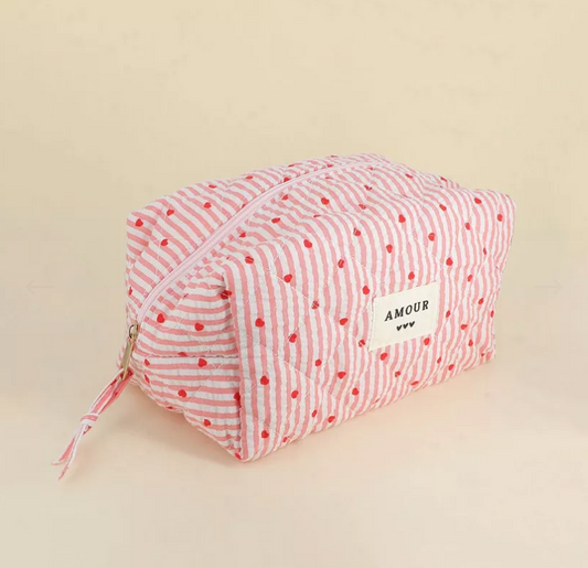 Grande trousse AMOUR - Rayures rose / Coeurs rouges