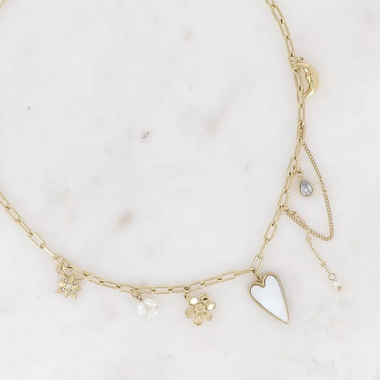 Collier - maille breloques (coeur nacré, lune, etc.)