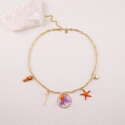 Collier coquillages & hippocampe (Orange)