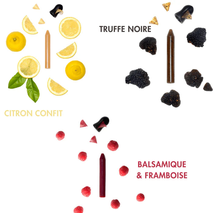 Crayon d’assaisonnement à tailler – Coffret  (Balsamique & framboise (BIO) + Citron confit (BIO) + Truffe noire
