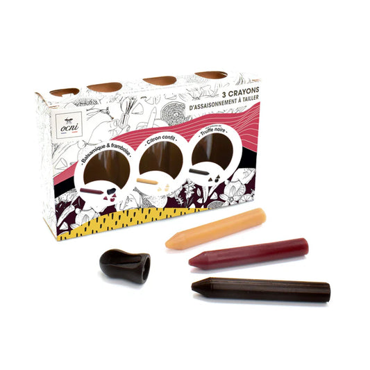 Crayon d’assaisonnement à tailler – Coffret  (Balsamique & framboise (BIO) + Citron confit (BIO) + Truffe noire